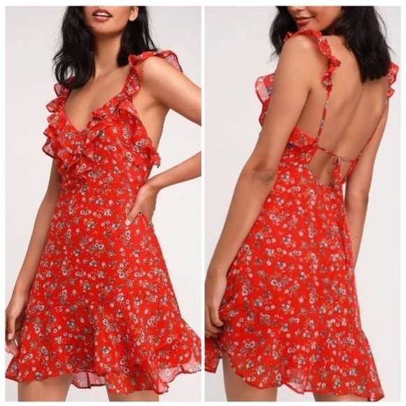 Lulus Dresses & Skirts - ✨ NWT Lulus Spring Dream Red Floral Print Ruffled Skater Dress✨
